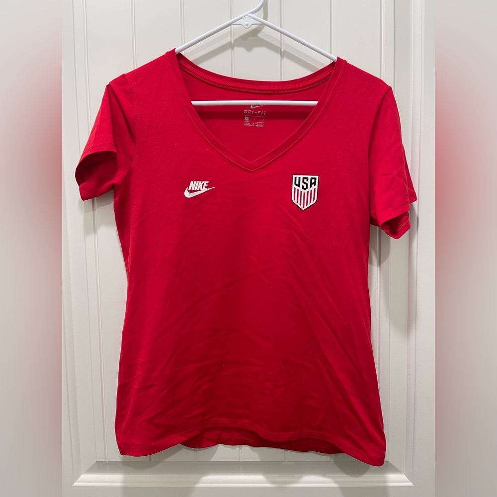 Nike Women's Red V-Neck Tee with USA Logo